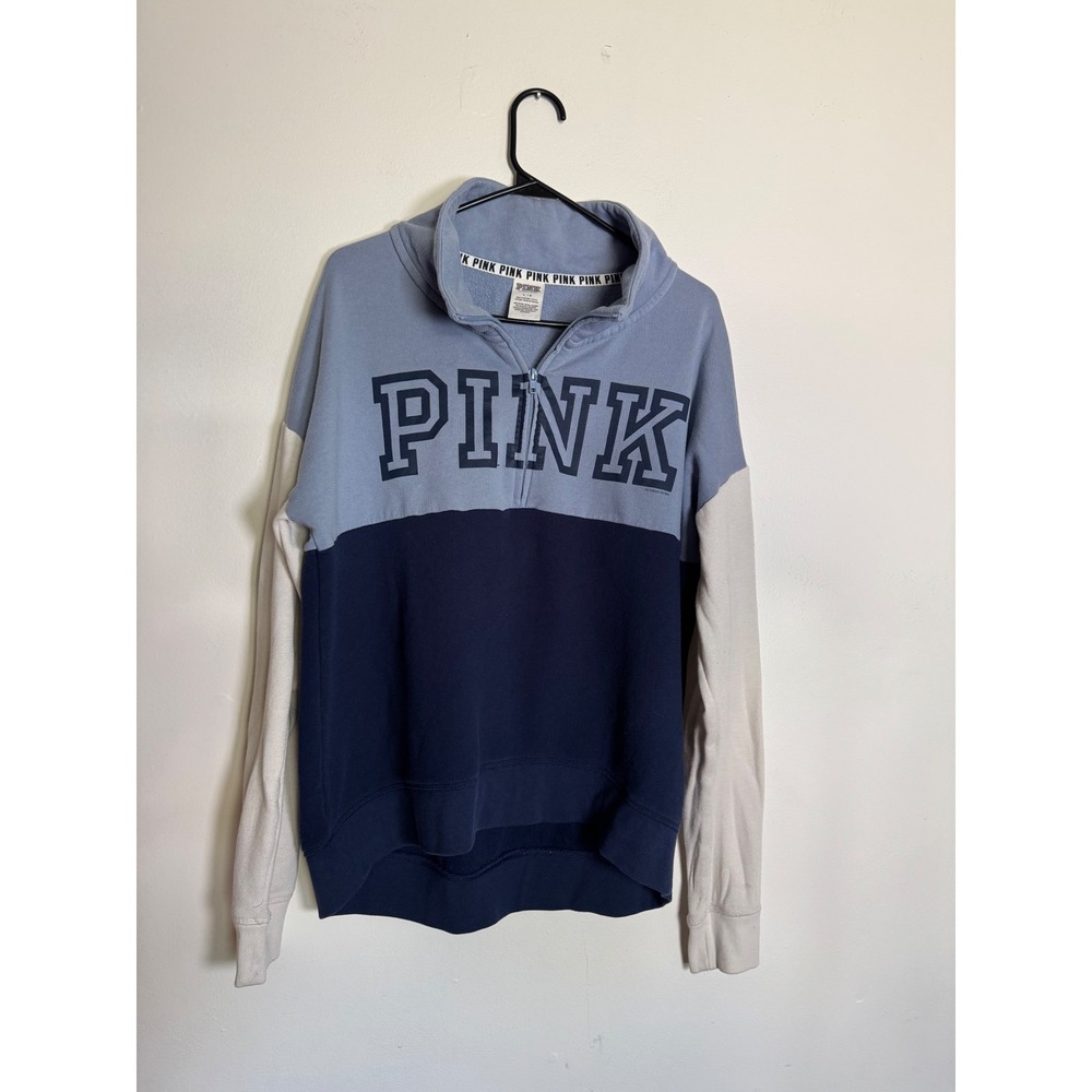 Pink Victoria's Secret Quarter Zip Pullover Sweatshirt Blue Colorblock Large - Picture 1 of 4